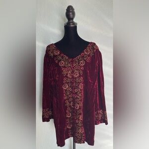 eShakti Burgundy Velvet Top with Rich Floral Embroidery
